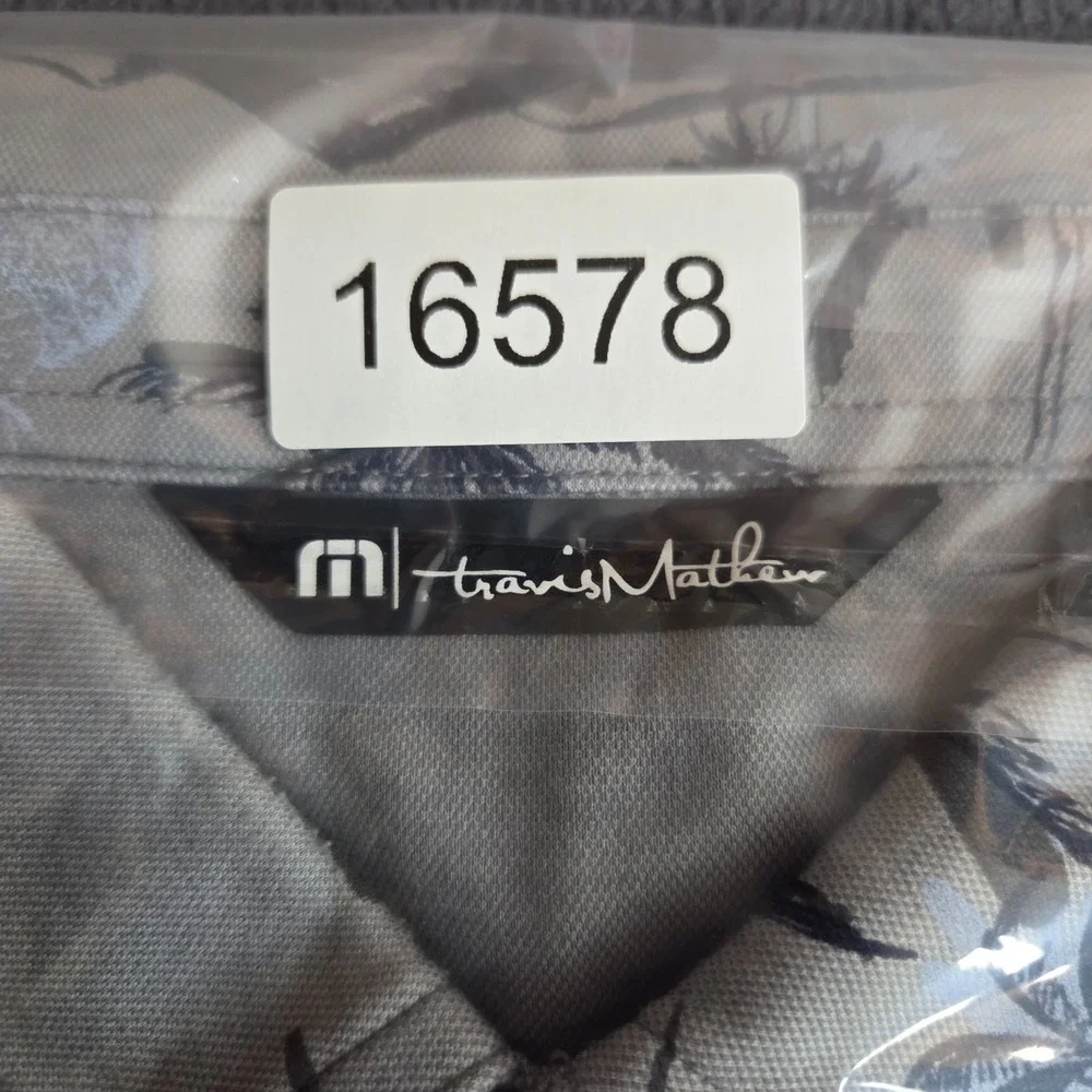 Travis Mathew Golf Polo Shirt Mens L Gray Traopical Palm Trees Short Sleeve